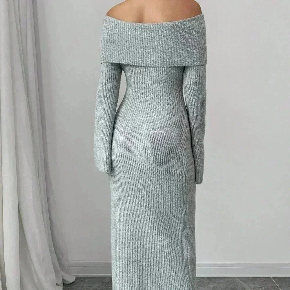 Grey Elegant Women's Off-Shoulder Long Sleeve Dress